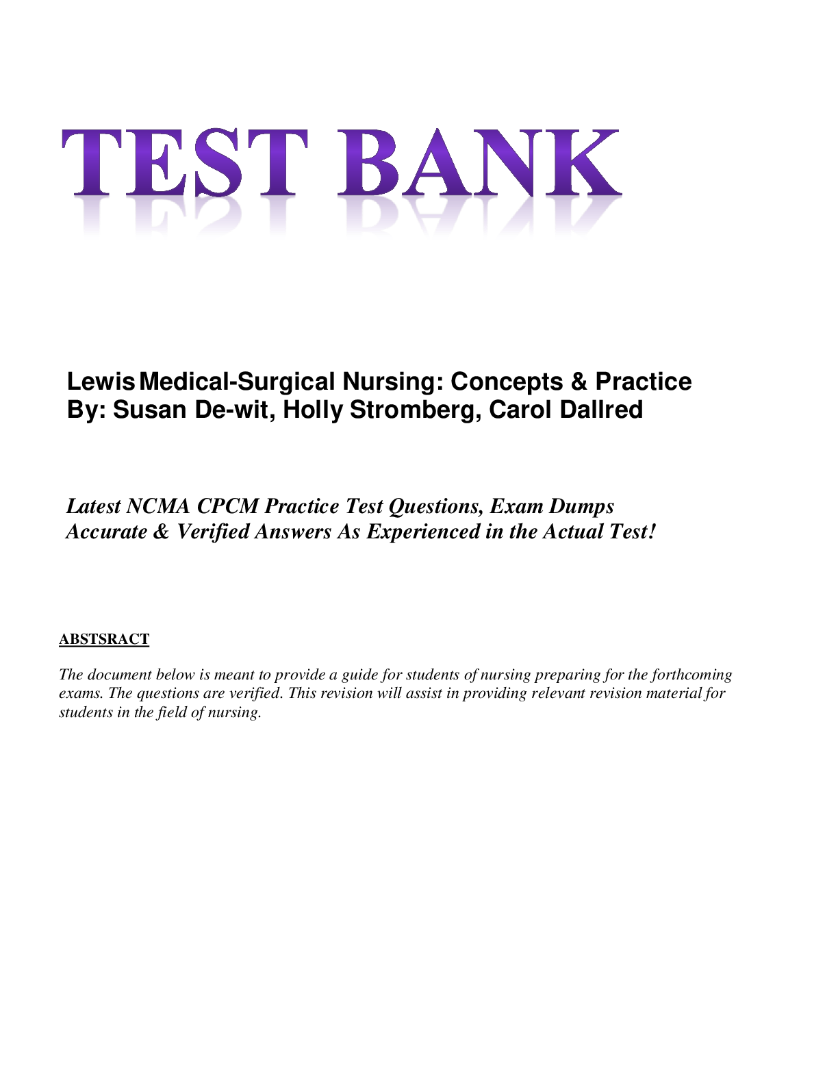 Preview image for Test bank for medical surgical nursing  concepts and Practice 3th edition Dewit (1)